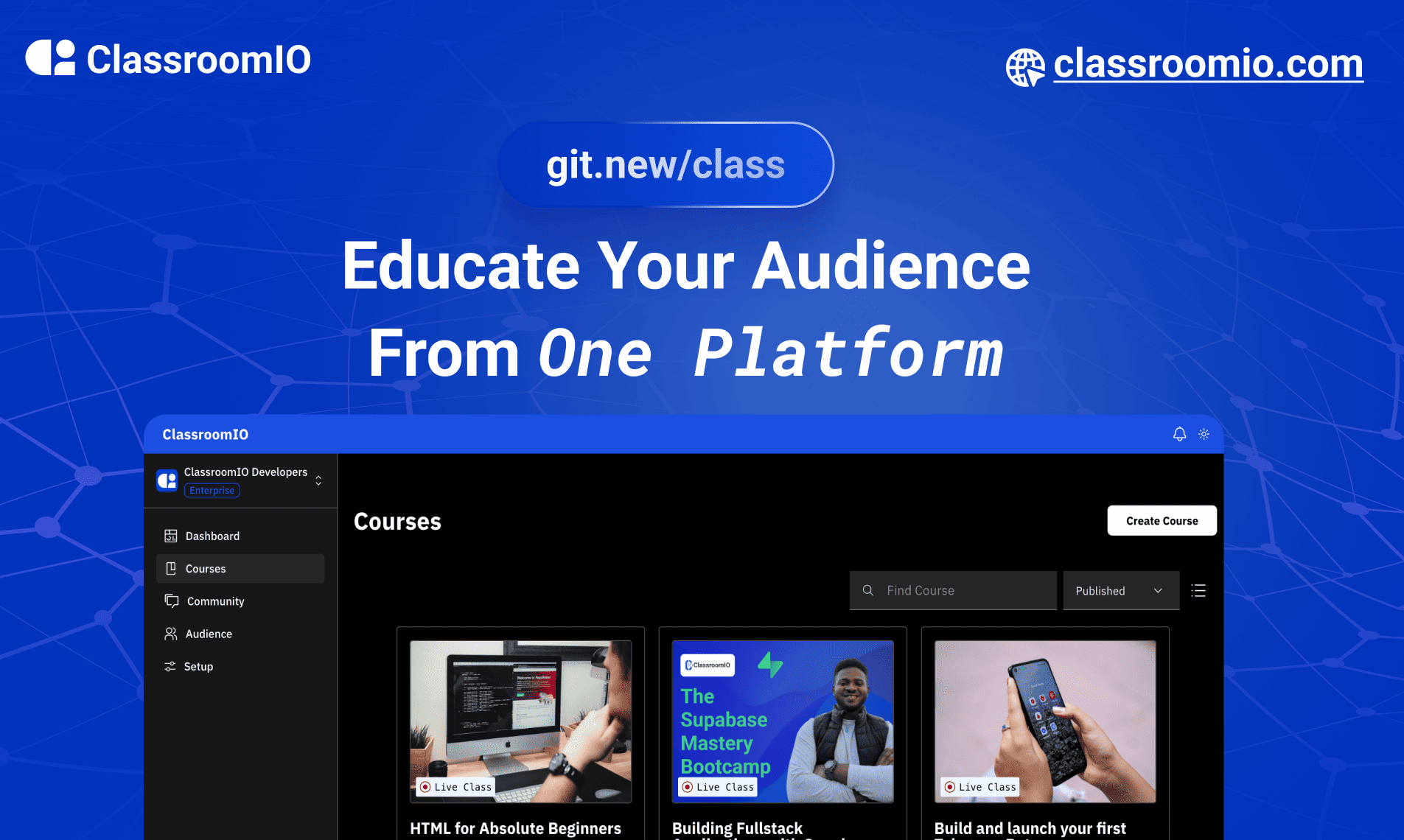 ClassroomIO is a no-code tool that allows you build and scale your own teaching platform with ease.