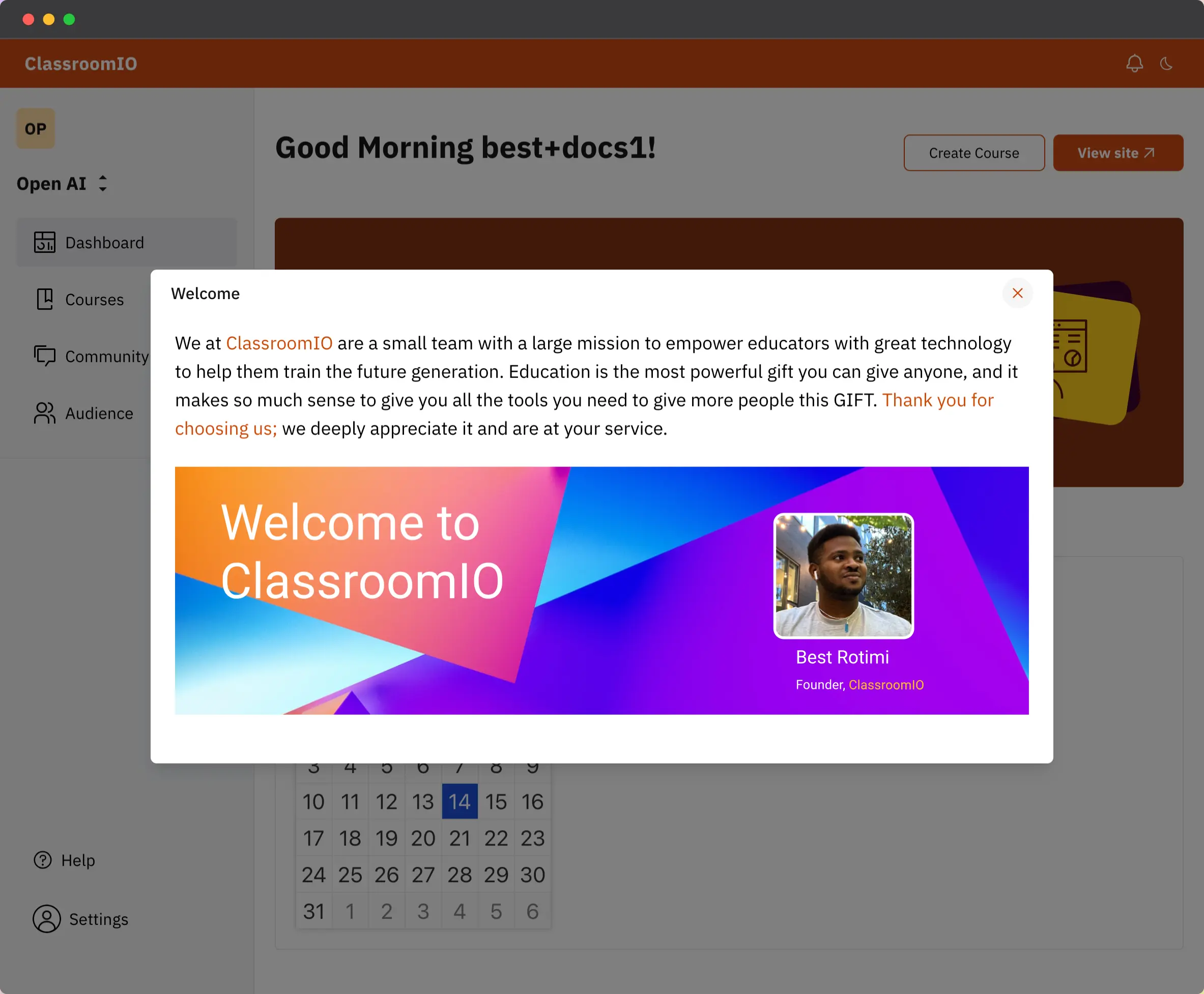 ClassroomIO dashboard with a big pop-up containing a welcome message