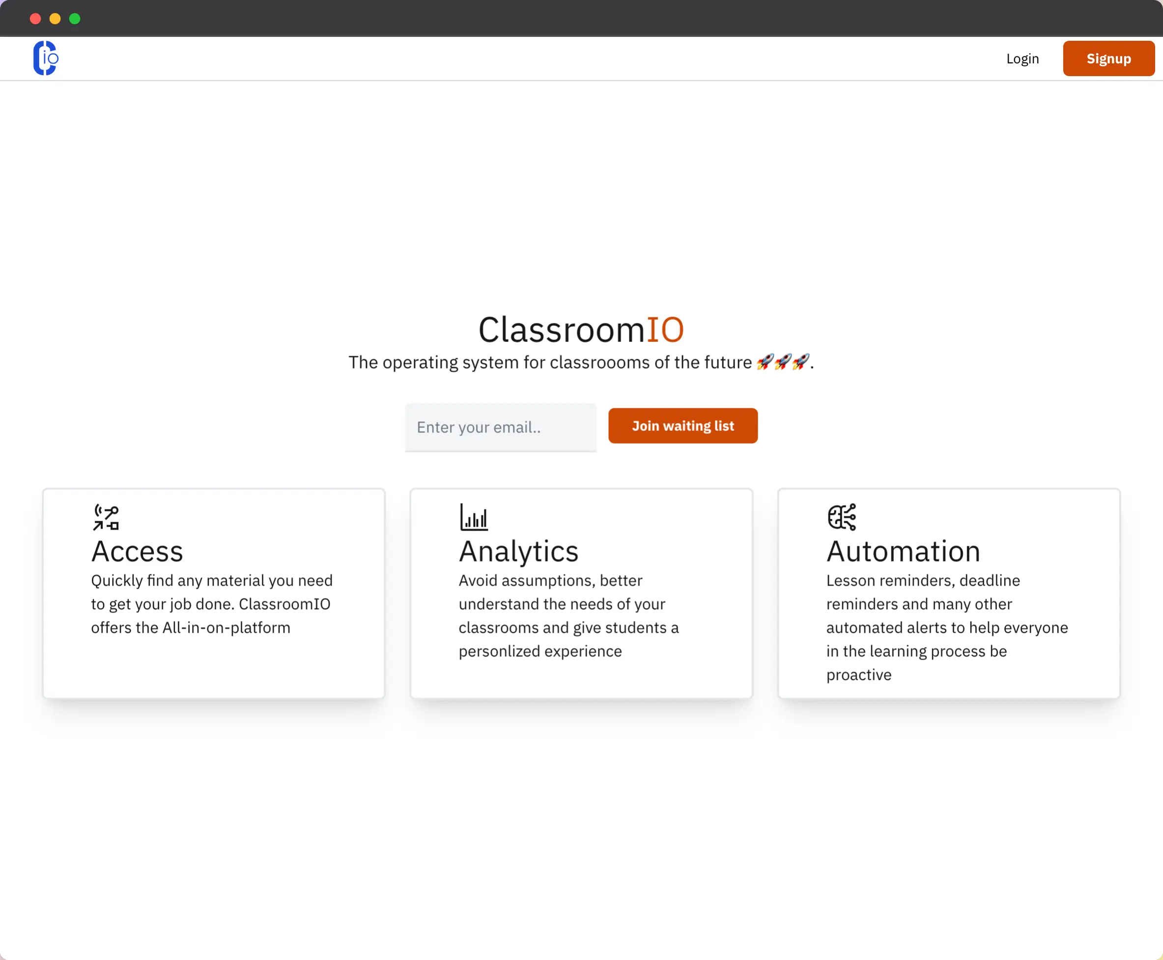 ClassroomIO website with a navigation bar at the top of the page containing the logo on the left along with the login and signup button on the right. Also, the page contains an email field with a Join waiting list button.